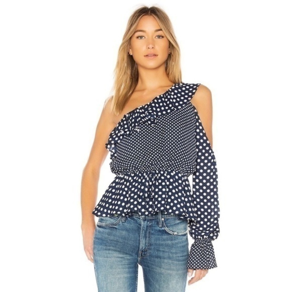 Tularosa • Navy Blue Dalia Polka Dot One Shoulder Blouse